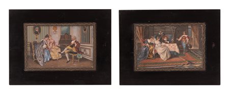 Anonimo francese del XVIII secolo ( - ) 
Coppia di miniature 
Tempere su carta 1) cm 11x15; 2) cm 16x21