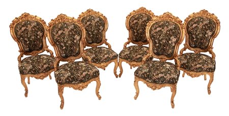  
6 sedie dorate con schienale e seduta rivestiti in tessuto decorato a motivi floreali XIX secolo
 cm 110x53x50
