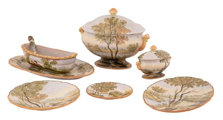  
Servizio di piatti in maiolica Bontempo Rapino dipinta con paesaggi XX secolo
 