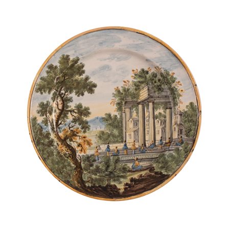 Manifattura Gentili, Castelli (TE), metà del XVIII secolo ( - ) 
Piatto in ceramica Castelli decorato in policromia  XVIII secolo
 Ø cm 22,5