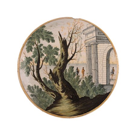  
Mattonella tonda in ceramica Castelli,  Aurelio Anselmo Grue (attribuito) XVIII secolo
 Ø cm 28