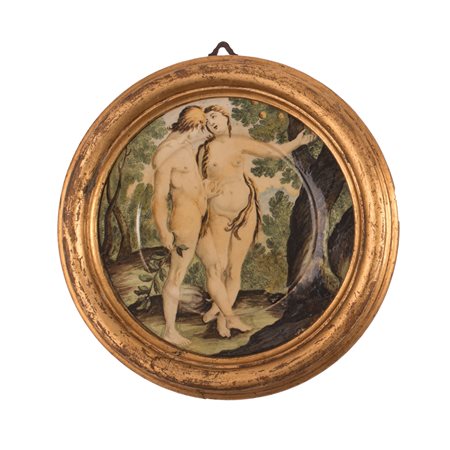  
Piattino Castelli in cornice decorato in policromia con Adamo ed Eva nel Giardino dell' Eden XVIII secolo
 Ø cm 17x5; con cornice Ø cm 23