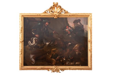 Scuola dell'Italia del nord del XVII secolo ( - ) 
Grande dipinto ad olio raffigurante natura morta con cacciagione, cani, fiori e figura virile. 
 cm 140x180; con cornice 200x207