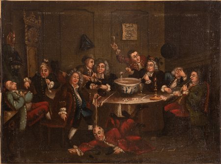 Pittore inglese  del XVIII secolo ( - ) 
Interno di taverna inglese con fumatori, bevitori e giocatori di carte ultima decade del XVIII secolo
Olio su tela cm 75x102