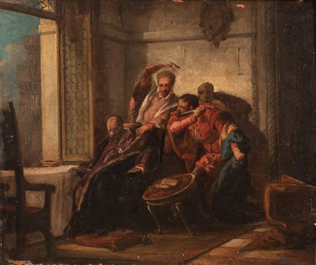 Pittore storicista italiano ( - ) 
Scena di congiura a firma "Domenico Morelli" Terzo quarto dell'Ottocento
Olio su tela  