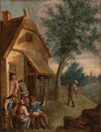 Pittore fiammingo del XVIII secolo ( - ) 
Scena di taverna con bevitori  
olio su tela cm 68x52; con cornice cm 94x77