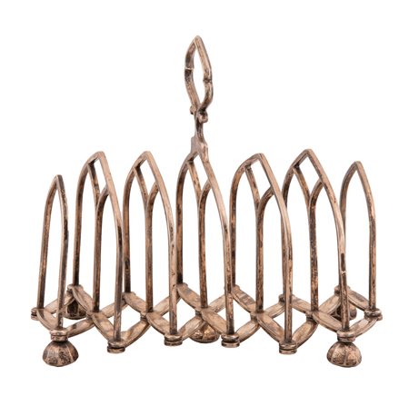  
Portatoast da viaggio in metallo argentato con grazioso meccanismo e apertura a libretto XX secolo
 aperto: cm 15x50; chiuso: cm 15x6