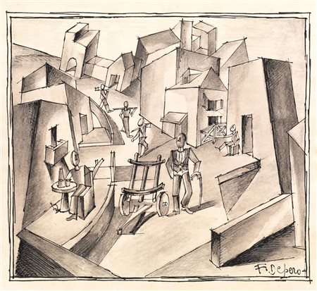 Fortunato Depero(Fondo 1892 - Rovereto 1960)SCENA DI PAESEmatita, china e...