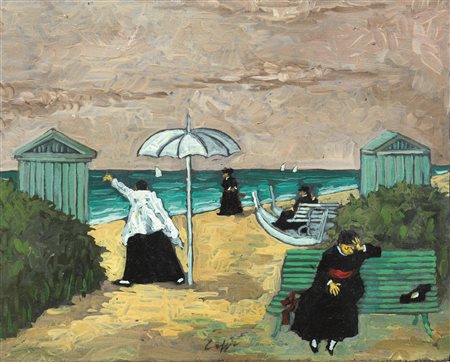 Nino Caffè(Alfedena 1909 - Pesaro 1975)PRETINI AL MAREolio su tavola, cm...