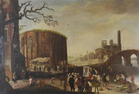 Scuola Italiana della fine del XVII secolo CAPRICCIO olio su tela, cm 81x120