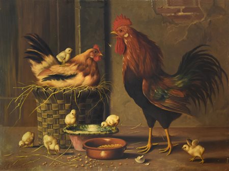 Michelangelo Meucci GALLO E GALLINA CON PULCINI olio su tela, cm 75,5x101...