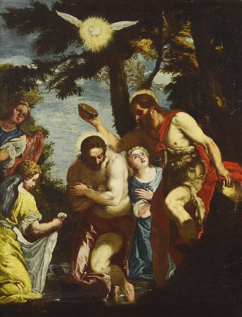 Scuola Veneta del XVII secolo BATTESIMO DI CRISTO olio su tela, cm 64x50...