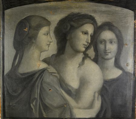 Scuola Italiana del XIX secolo LE TRE GRAZIE olio su tela, cm 69x79 Danni