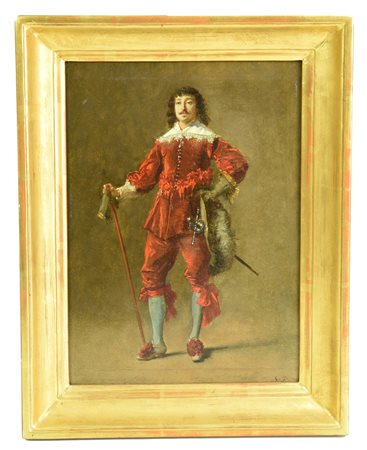Charles Francois Pecrus MOSCHETTIERE olio su tavola, cm 29,5x21,5 firma
