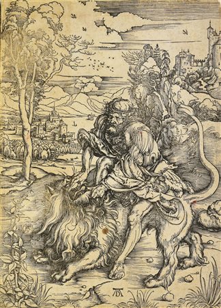 Albrecht Durer SANSONE E IL LEONE DI NEMEA xilografia su carta vergellata, cm...
