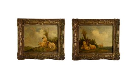 Scuola Inglese del XIX secolo COPPIA DI DIPINTI RAFFIGURANTI SCENE PASTORALI...