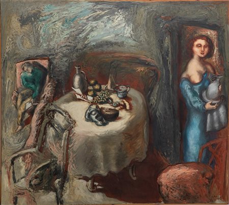 GAROUSTE GERARD (n. 1946) - Nature morte à la femme en bleu.