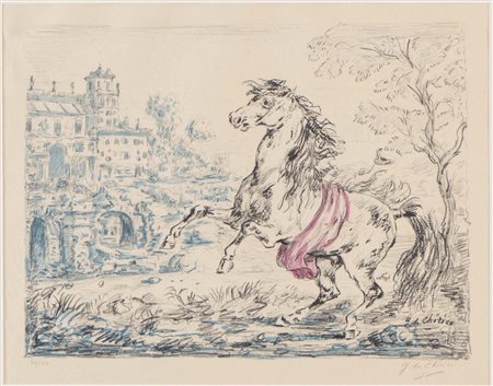 Giorgio De Chirico (Volo 1888 - Roma 1978), “Cavallo grande e villa”, 1954.