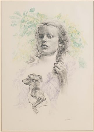 Renzo Vespignani (Roma 1924 - 2001), “Figura femminile con cane”, 1981.