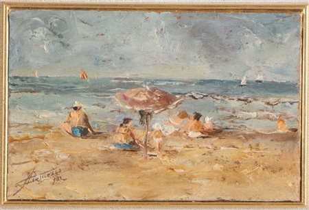 Athos Corticelli (Bologna 1911 – 1990), “Spiaggia con bagnanti”, 1961.