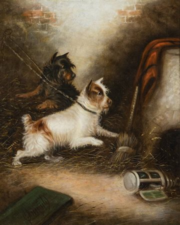  ARMFIELD GEORGE<BR>Inghilterra 1808 - 1893<BR>"Interno con due Terrier"