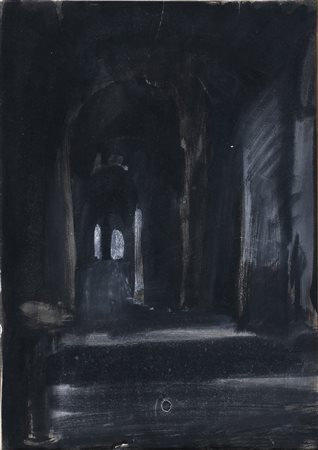 SIRONI MARIO (1885 - 1961) Interno di Cattedrale. Gouache e carboncino su...