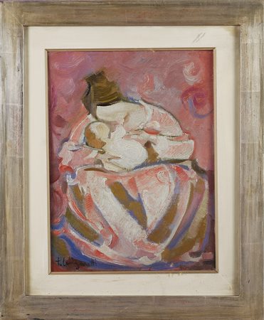 LONGARETTI TRENTO (n. 1916) Madre dall'abito rosa. Olio su tela . Cm 30,00 x...