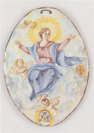 MANIFATTURA FERNIANI FAENZA Targa devozionale ovale policroma, raffigurante...