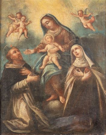 Meastro del XVII secolo. "Madonna del Rosario con santi". Olio su tela. Cm...