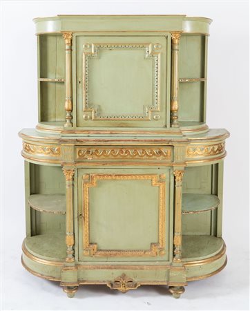 Piccola credenza con alzata in legno laccato sui toni del verde con finiture...