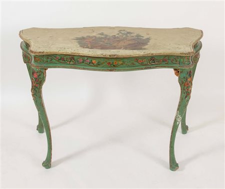 Consolle in legno intagliato e laccato con scena di genere sul piano. Ad...