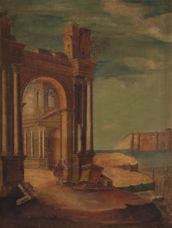 Maestro del XX secolo. "Capriccio architettonico". Olio su tela. Cm 80,5x60.