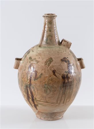 Grande fiasca da pellegrino con figure graffite. Area Padana, XVII secolo. Cm...