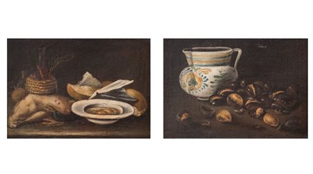 Maestro napoletano del XVIII secolo. Coppia di nature morte. Olio su tela....