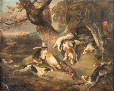 Maestro della fine del XIX secolo "Caccia alla volpe". Olio su tela. Cm 43x53.