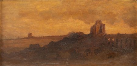 Maestro del XIX secolo. “Paesaggio”. Olio su tavola. Cm 20x40.