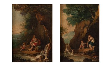 Maestro del XVIII secolo. "Paesaggi con figure". Coppia di oli su tela...