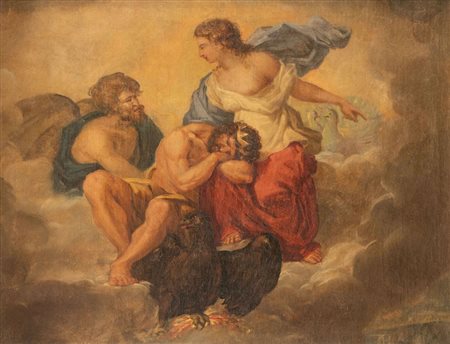 Maestro del XVIII secolo. "Giunone e Giove". Olio su tela. Cm 29x36,5.