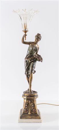 Lampada da tavolo in bronzo con base in marmo e paralume in vetro soffiato....