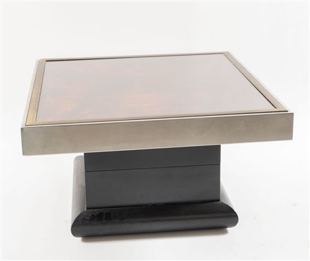 Tavolo da caffè in legno e metallo con piano in resina. Prod. Italia, 1980...