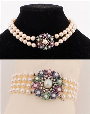 MIKIMOTO Parure composta da bracciale e collier realizzati a più fili di...