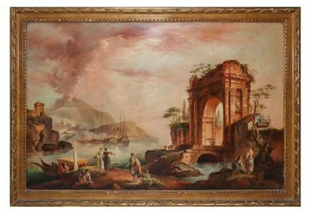 Scena portuale con vascelli, personaggi e ruderi, Venetian painter, late 18th century
