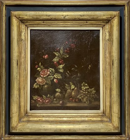 Vincenzino dei fiori Vincenzo Volò (bottega_di) (Rémondans 1620-Milano 1671)  - Natura morta di fiori in vaso rotondo e frutta su un piano orizzontale, 17th century.