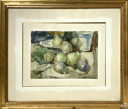 Giovanni Mancini (Foggia 1902-Manfredonia  1984)  - Natura morta con pere e stoviglie, 1952