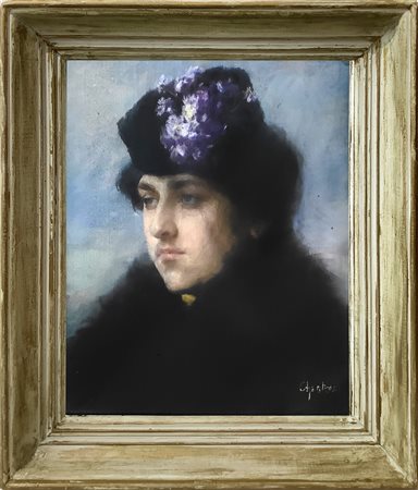 Alexandre Jacques  Chantron (Nantes 1842-Nantes 1918)  - Ritratto di donna con cappello floreale, nineteenth century