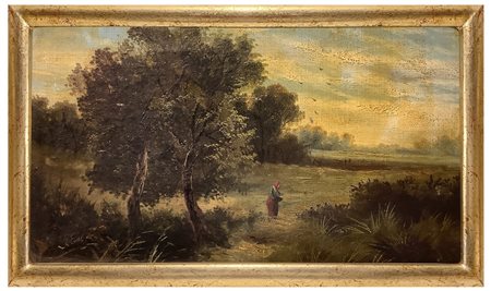 Dipinto raffigurante paesaggio campestre con personaggio, Nineteenth century