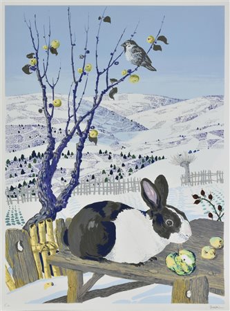 Enzo Bellini IL CONIGLIO E IL PASSERO serigrafia su carta, cm 70x50; es. P.A....
