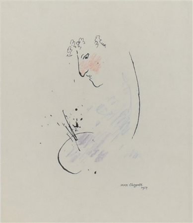 Ignoto A firma Marc Chagal VOLTO DI PROFILO china e matita su carta, cm 21x18...