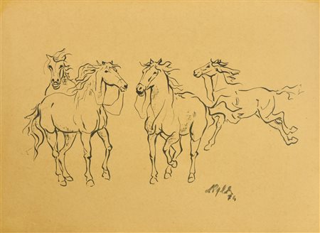 Luciano Crepaldi CAVALLI china su cartoncino, cm 30x44 firma e data eseguita...