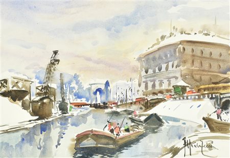 Alfredo Zecca VEDUTA acquarello su carta, cm 37x50 firma